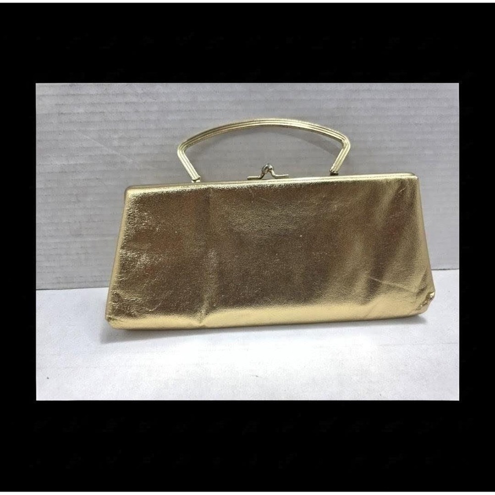 Vtg Harry Levine HL Gold Metallic Clutch Purse Solid Metal Convertible Handle